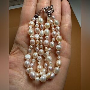 Vintage 3-Strand Freshwater Baroque Pearl Bracelet .925 Sterling Heart Toggle
